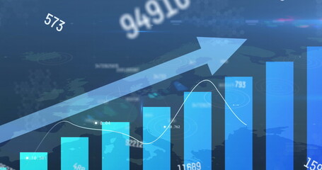 Sticker - Image of arrow, increasing numbers over bar graph against world map