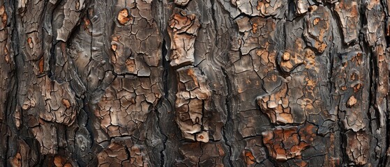 Wall Mural - Panoramic close-up, high detail scan of rough-hewn hemlock tree bark texture, Generative AI
