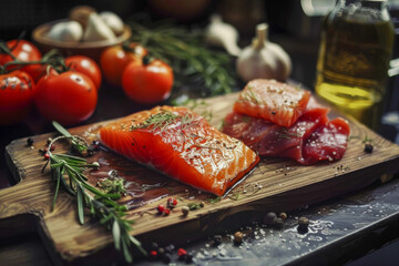 Wall Mural - Fresh Salmon and Tuna Slices on Wooden Cutting Board with Tomatoes and Garlic