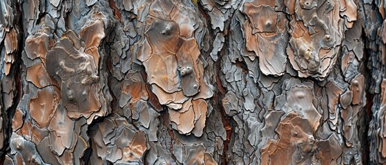 Wall Mural - Panoramic close-up, high detail scan of rugged pine tree bark texture, Generative AI