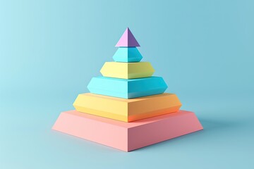 Colorful pyramid with pastel tones on blue background. Concept of hierarchy, levels, growth, and achievement.