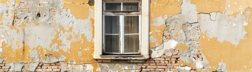 A chipped, aged yellow wall with a single window in the center. This image captures the texture and charm of rustic, weathered architecture.