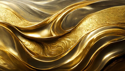 Wall Mural - gold texture.f a chrome golden plate with abstract waves. The waves flow smoothly across the surface, creating an elegant and continuous pattern.