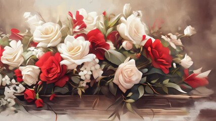 Canvas Print - White and red roses on wooden surface