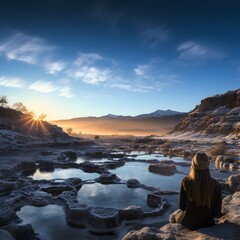 Wall Mural - Mammoth Lakes Hot Springs, California, USA, woman looking at hot springs in cold winter