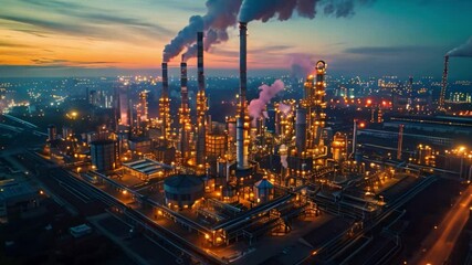 Poster - An aerial view of a large industrial plant at dusk, with multiple smoke stacks emitting plumes of smoke.