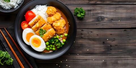 Poster - Delicious Japanese Katsu Curry Rice with Vegetables. Concept Japanese Food, Katsu Curry, Rice Dishes, Delicious Vegetables, Cuisine