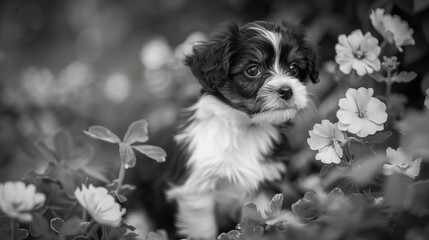 Wall Mural - A black and white puppy playing in the garden