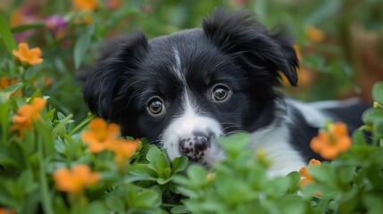 Wall Mural - A black and white puppy playing in the garden