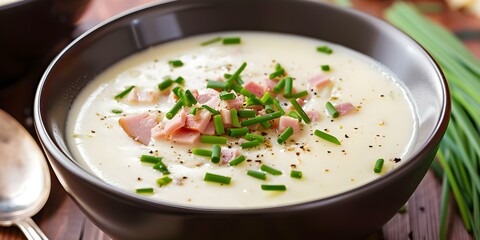 Canvas Print - Creamy potato soup with ham chives and seasonings in a bowl. Concept Instant Pot Creamy Potato Soup with Ham, Chives, and Seasonings