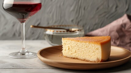 Wall Mural - A Japanese cheesecake placed on a wooden plate, accompanied by a glass of wine against a gray background, creates an elegant and contrasting visual presentation.