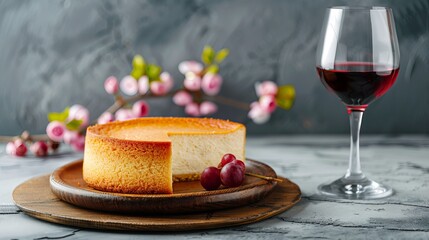 Wall Mural - A Japanese cheesecake placed on a wooden plate, accompanied by a glass of wine against a gray background, creates an elegant and contrasting visual presentation.