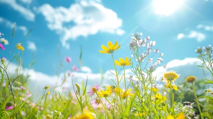 Wall Mural - Sunlit Meadow with Blooming Flowers