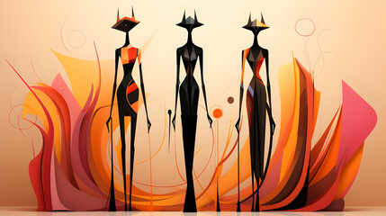 Sticker - Three Abstract Black Silhouettes With Orange and Pink Background Illustration