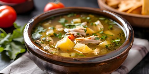 Wall Mural - Explore the rich flavors of Bogots famous Ajiaco chicken potato soup. Concept Colombian Cuisine, Bogotá Food, Ajiaco Recipe, Traditional Soups, Chicken Potato Soup