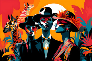 Stylish Giraffe Illustration with Three Women in Hats