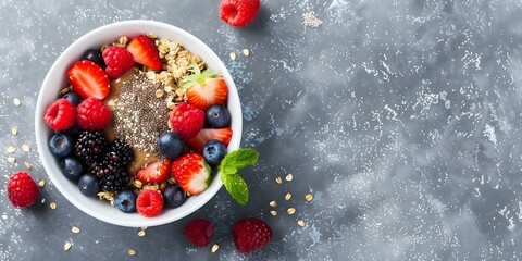 Wall Mural - Nutritious Granola Bowl Packed with Hemp Seeds, Maca Powder, Peanut Butter, and Berries. Concept Granola Bowl, Hemp Seeds, Maca Powder, Peanut Butter, Berries, Nutritious Breakfast