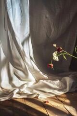 Wall Mural - Sunlight Illuminates Flowers and Sheer Fabric