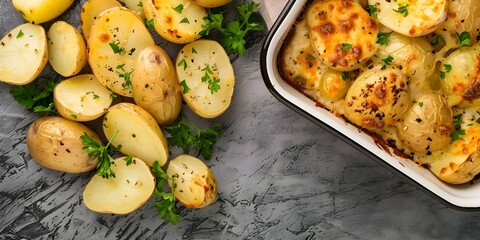 Wall Mural - Potatoes and Parmesan cheese baked in a casserole dish. Concept Potato recipes, Casserole dishes, Parmesan cheese, Baked meals, Comfort food