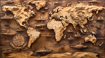 Poster - A wood-carved world map, with intricate details showing the contours of continents and islands