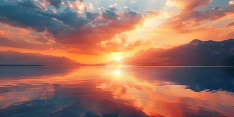 Wall Mural - Serene Sunset Orange Clouds Reflecting in Lake. Concept Nature Photography, Sunset Reflections, Colorful Clouds, Landscape Scenes