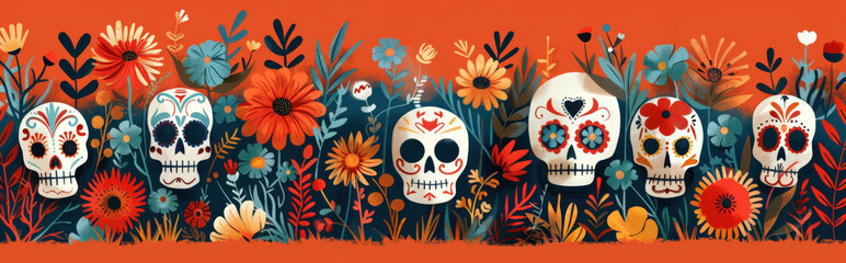 Wall Mural - minimalist, abstract faces of calaveras with floral motifs, using simple lines and shapes to convey the traditional aesthetic