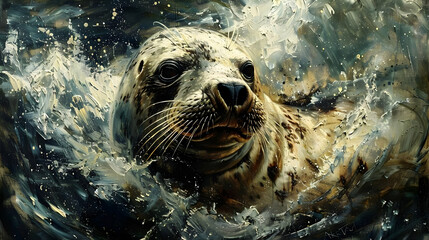 Sticker - Seal in the Ocean Waves - Oil Painting