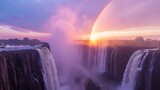 Serene Sunset Harmony: Victoria Falls Embraced by a Colorful Rainbow