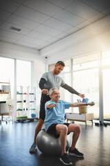 Poster - Ball, senior man and physiotherapist with band for resistance training, support or workout in retirement. Fitness, physiotherapy and elderly person with muscle stretching, mobility exercise or health