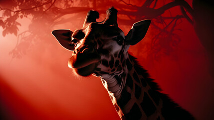 Canvas Print - Giraffe Portrait in Red Light Illustration