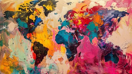 Poster - An abstract world map painting, using bold brushstrokes and bright colors to create a modern art piece