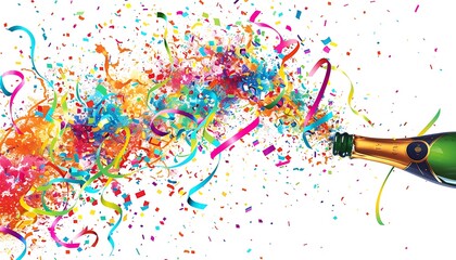 Champagne bottle exploding with confetti and streamers.