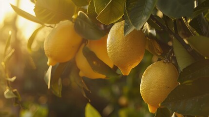 Wall Mural - Spanish lemons hung on tree in vertical shot basking in evening sun with greenery backdrop