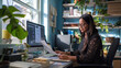 © Jirawatfoto - A dedicated professional woman working in her home office, surrounded by books and plants.