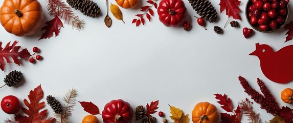 red theme thanksgiving holiday decor on plain white background for banner copy space