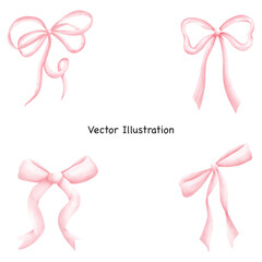 Pink coquette bows Pink ribbon with ​heart pearl Pink bow Ribbon isolated white background Vector Illustration