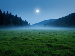 Fog rolling over a moonlit field, Halloween, eerie landscape