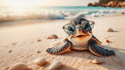 cute sea turtle Wear sunglasses and smile on the beach, beautiful nature background.