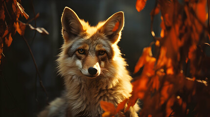 Wall Mural - Coyote Portrait in Autumn Leaves - Realistic Photo