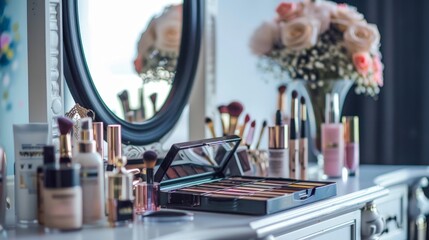 Sticker - An elegant vanity table with a large mirror, neatly organized with makeup and accessories, creating a glamorous getting-ready space.