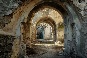 Wall Mural - A long, narrow passage with a stone archway