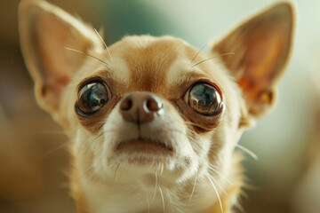 Wall Mural - A small brown and white dog with big eyes staring at the camera