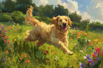 Wall Mural - A painting of a golden retriever running through a field of flowers