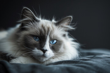 Canvas Print - A cat with blue eyes is laying on a bed