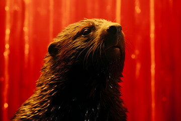 Poster - Wet Otter Portrait Against Red Background