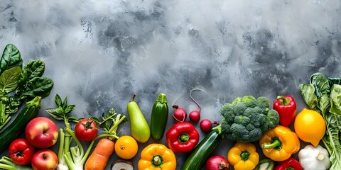 Wall Mural - Vibrant fruits and vegetables against a concrete backdrop for National Eat Vegetables Day. Concept Food Photography, Healthy Eating, National Day, Fruits and Vegetables, Colorful Props