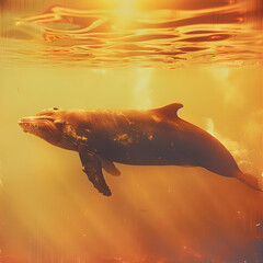 Poster - Whale Swimming in Golden Underwater Sun Rays Illustration