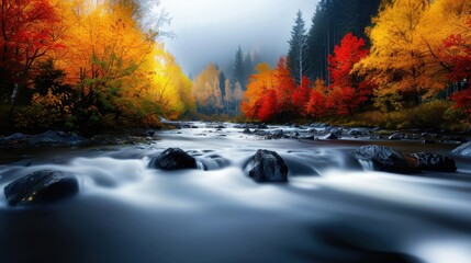 Wall Mural - A river with a beautiful fall foliage. The water is calm and the trees are orange