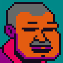 Pixel art man, male character 8-bit, 80-s, avatar, guy face with mustache, NFT, cartoon vector icon, game user, web profile persons, people, social net portrait. 