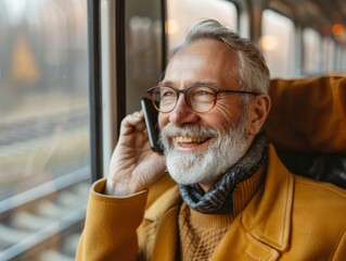 a man with a beard talking on his cell phone while riding in the train. ai.